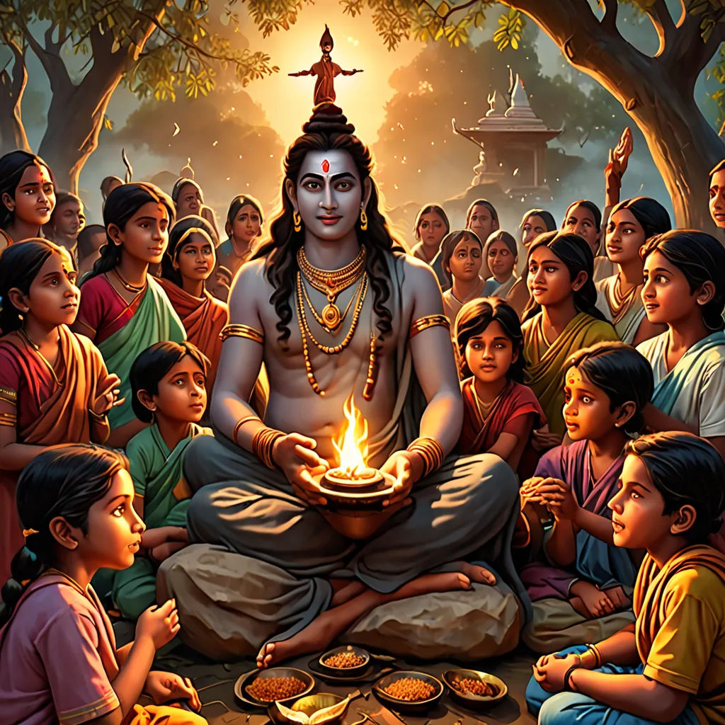 a painting of a man sitting in front of a group of people with a bowl of food in his hand, samikshavad, a storybook illustration, Bholekar Srihari, promotional image