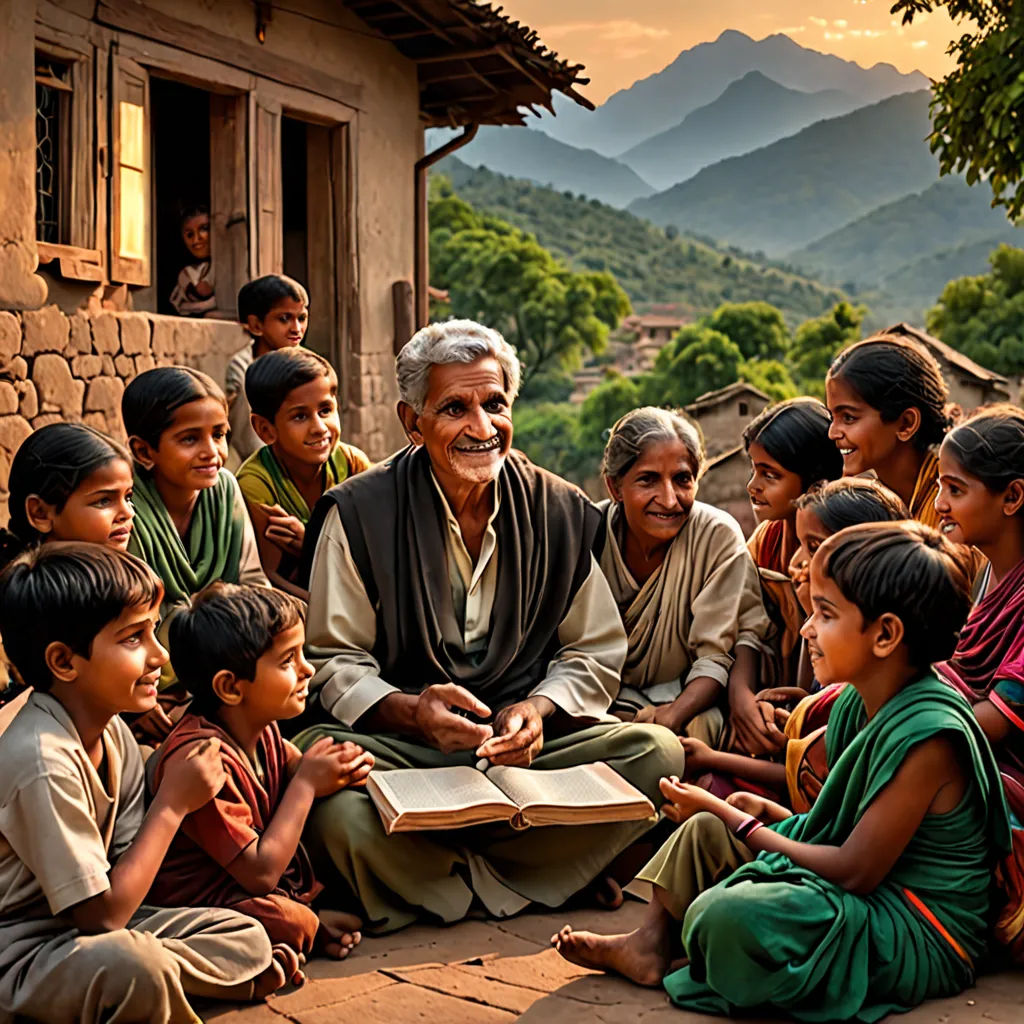 a group of people sitting on the ground with a book in front of them and a mountain in the background, bengal school of art, a storybook illustration, Bholekar Srihari, award-winning photograph