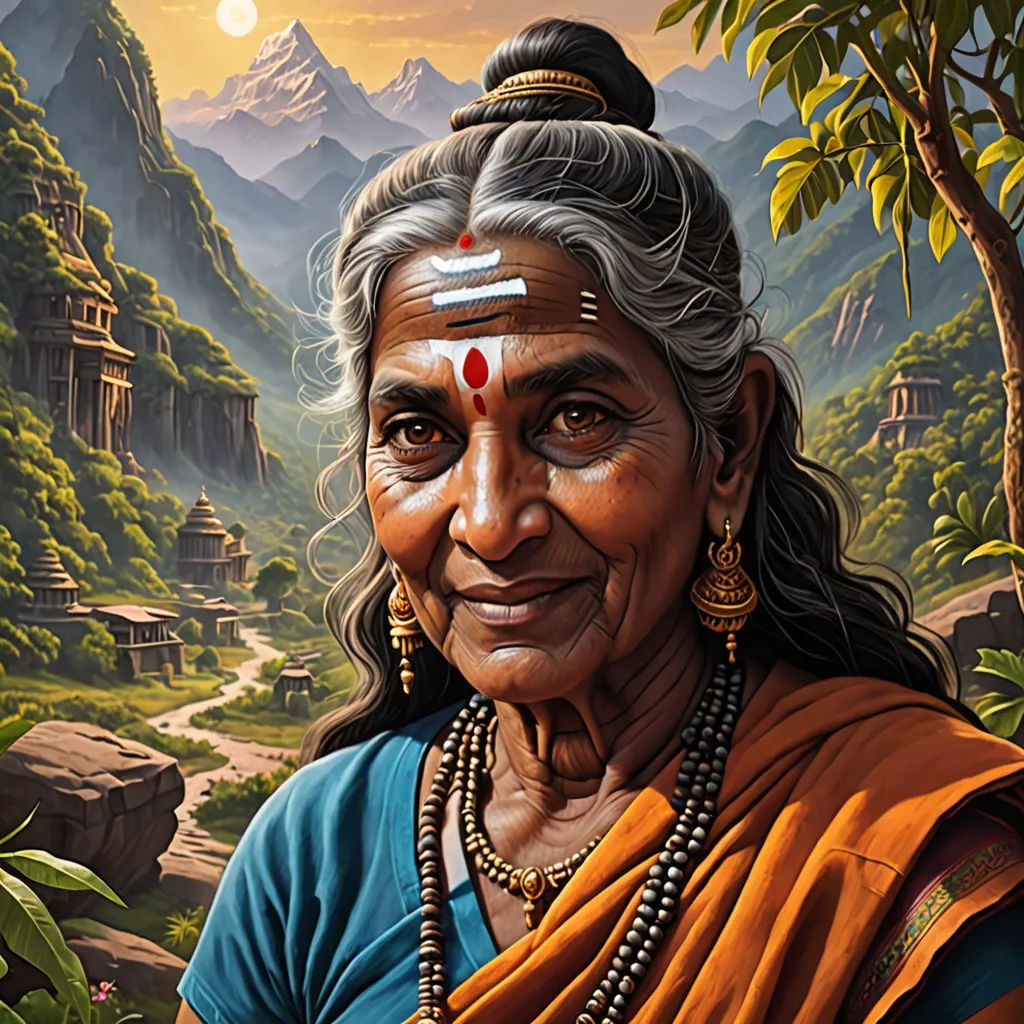 a painting of a woman in a forest with mountains in the background and a full moon in the sky, fantasy art, a detailed painting, Ella Guru, highly detailed digital painting