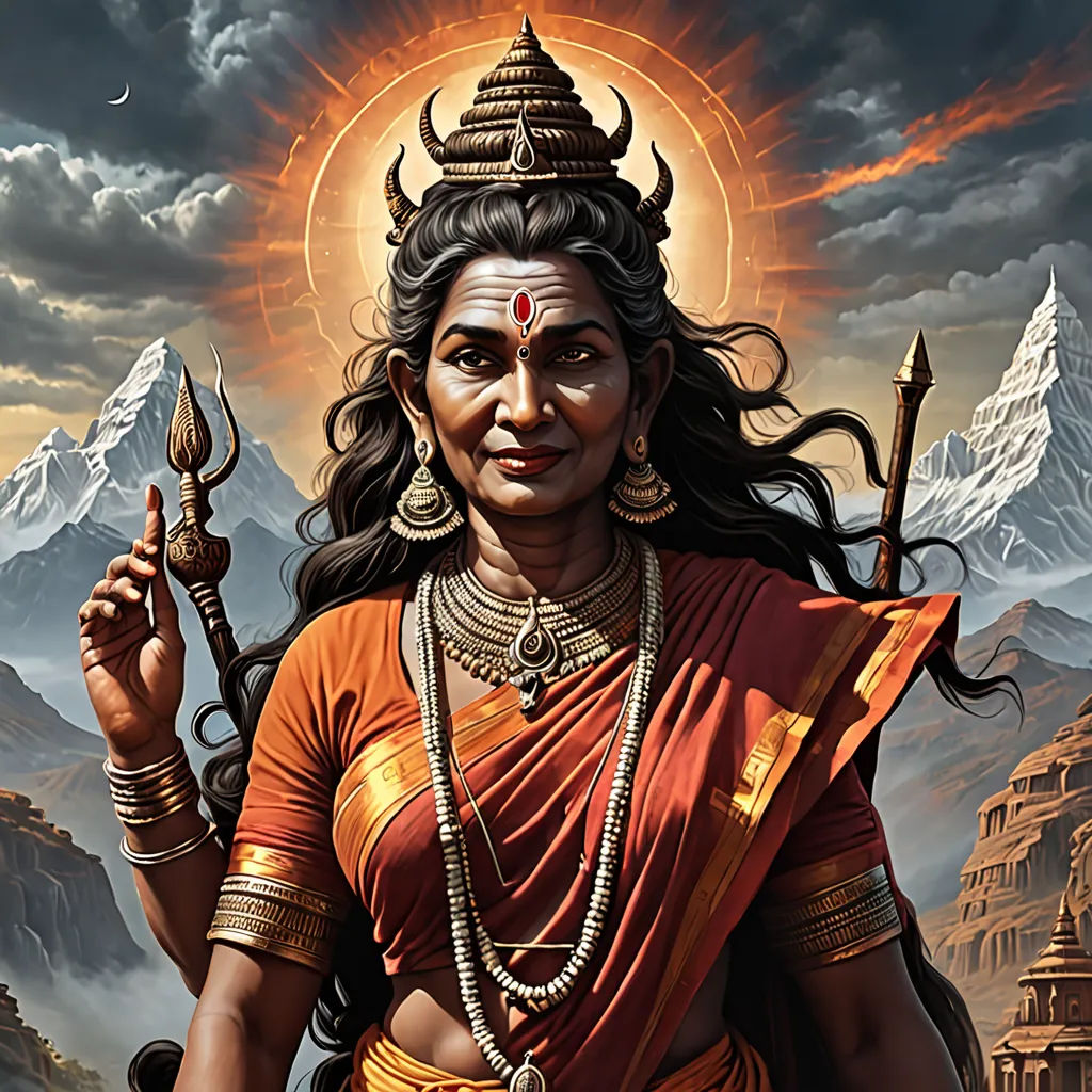 a painting of a woman holding a sword and a sword in her hand with mountains in the background and clouds in the sky, samikshavad, a detailed painting, Ella Guru, highly detailed digital painting