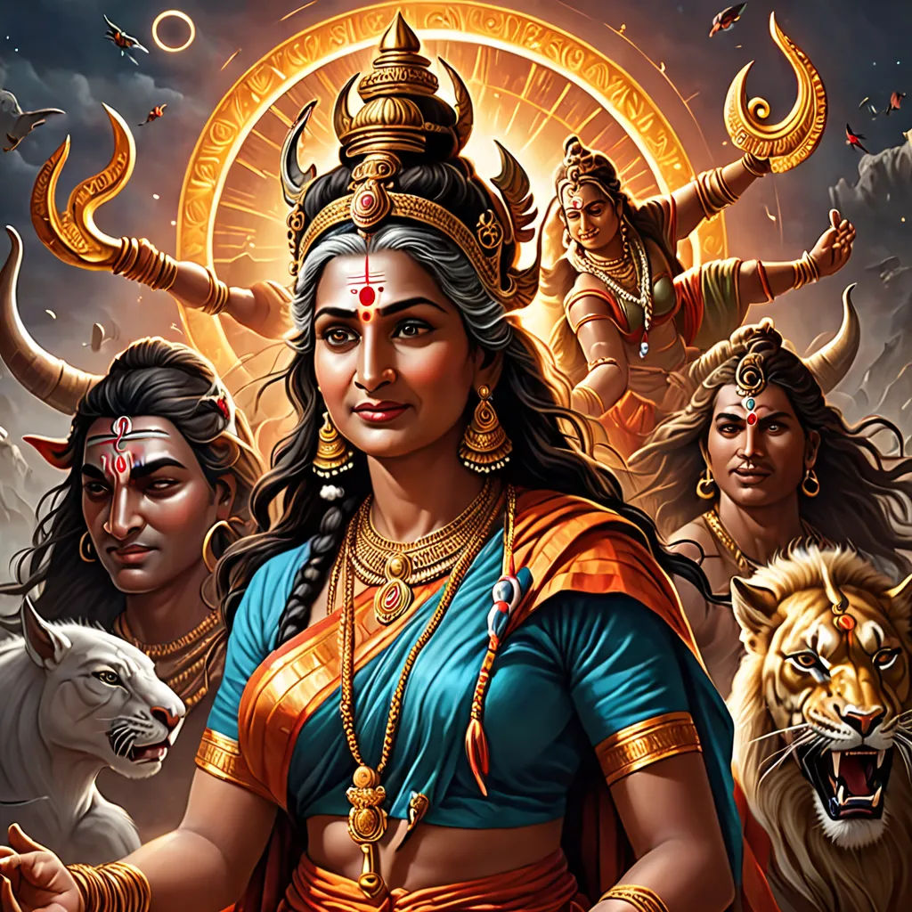 a painting of a woman surrounded by other women and animals, with a sun in the background and a sky with clouds, bengal school of art, a detailed painting, Ella Guru, highly detailed digital painting