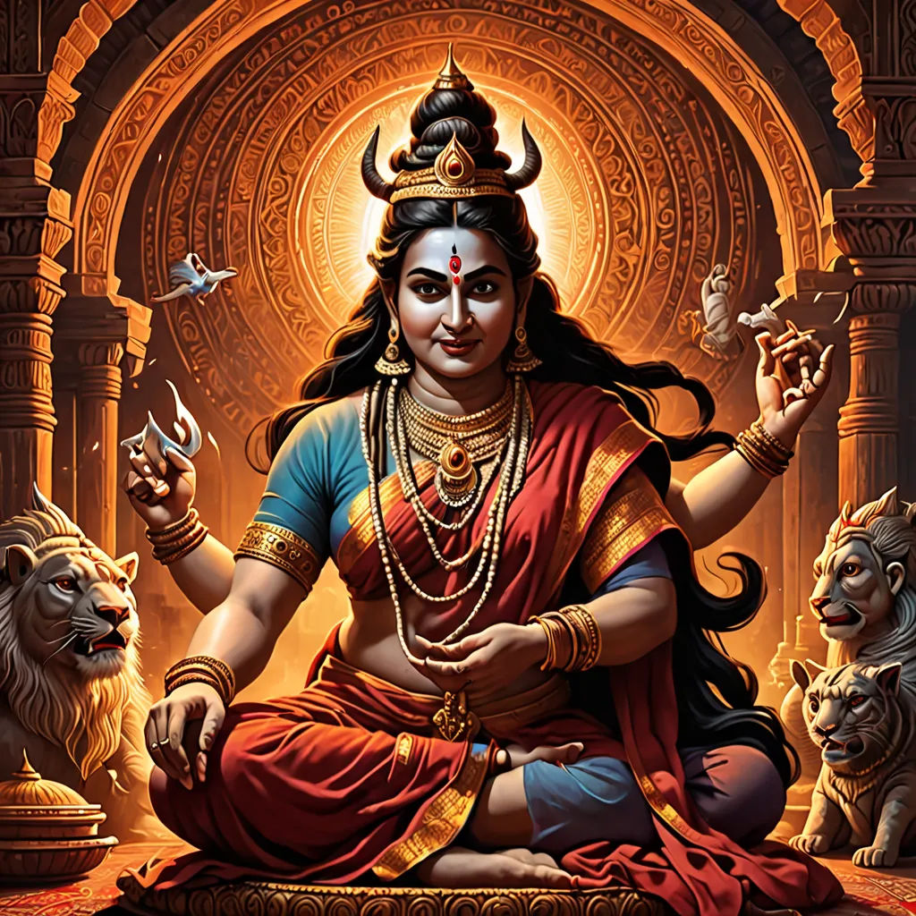 a painting of a woman sitting on a throne surrounded by lions and lions, with a bird flying above her, samikshavad, a detailed painting, Ella Guru, maya