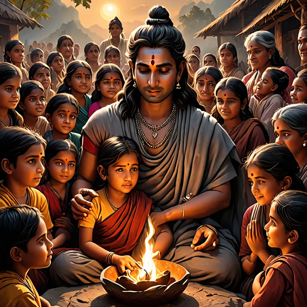 a painting of a man sitting in front of a group of children with a lit candle in his hand, samikshavad, a storybook illustration, Ella Guru, promotional image