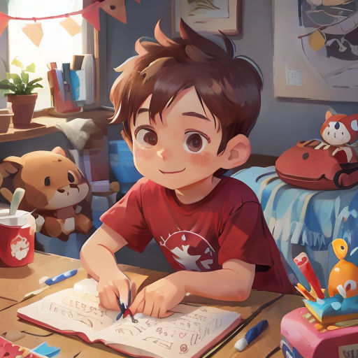 a boy is sitting at a table writing on a book with a teddy bear in the background and a teddy bear on the bed