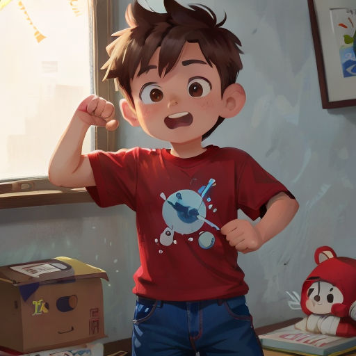 a boy in a red shirt is standing in a room with toys and a window with a cat on it