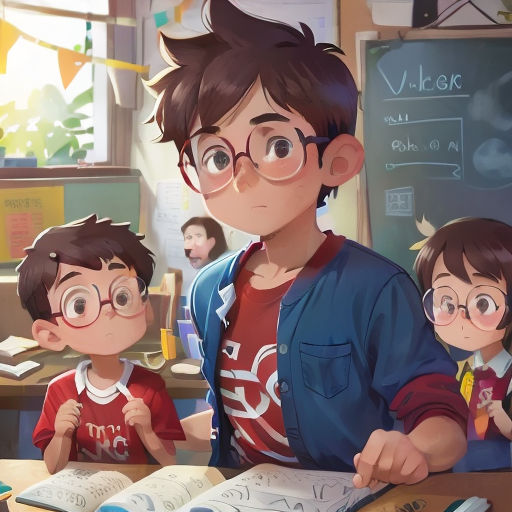 a boy and two boys are sitting at a desk with books and a book in front of them, and a teacher is standing behind them