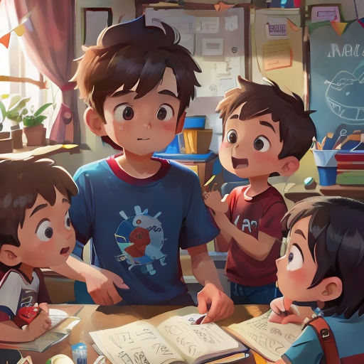 a group of children standing around a table with books on it and a boy pointing at the book in front of them