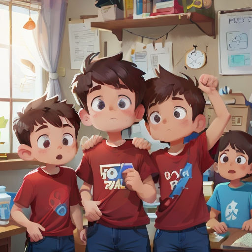 a group of young boys standing next to each other in a room with a window and a clock on the wall