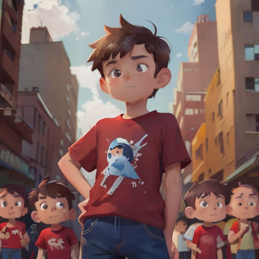 a boy standing in front of a group of people in a city street with buildings and a sky background