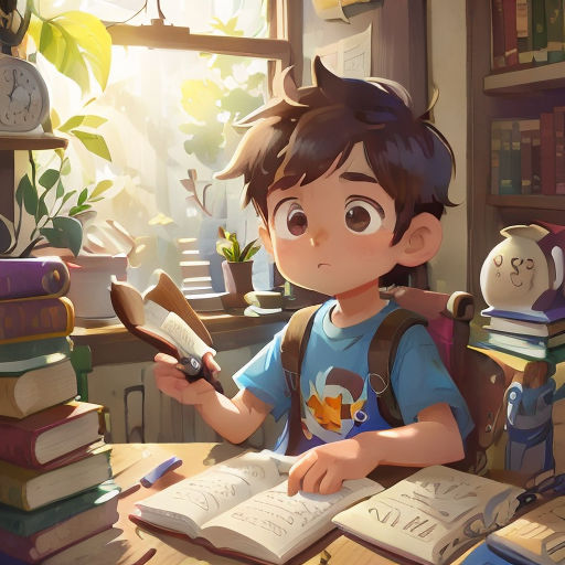 a boy sitting at a table with a book and a book in his hand and a clock in the background