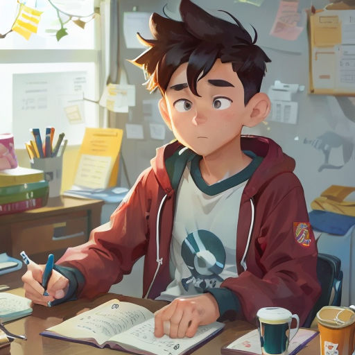 a boy sitting at a desk with a book and pen in his hand and a cup of coffee in front of him