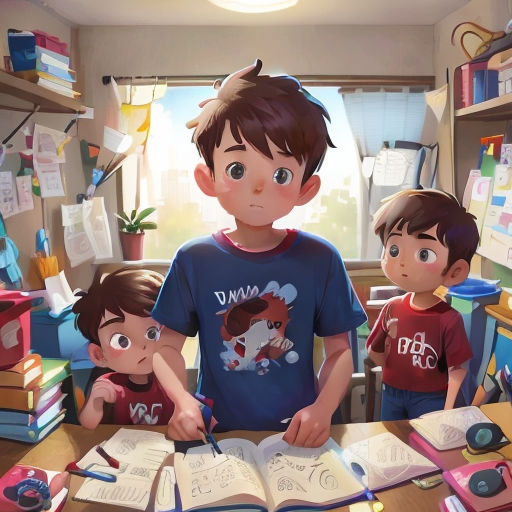 a boy and two boys are standing in front of a book and a camera in a room with books