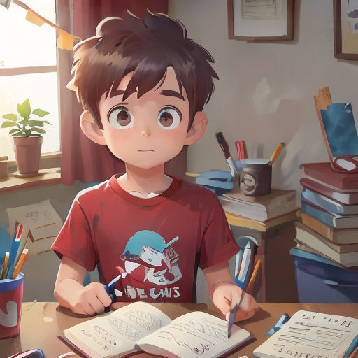 a boy sitting at a table with a book and pen in his hand and a book in front of him