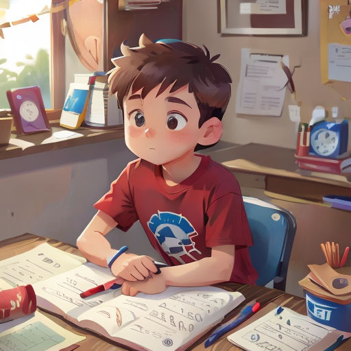 a boy sitting at a desk with a book and pen in his hand and a clock in the background
