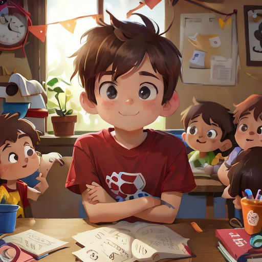 a boy is sitting at a table with his arms crossed in front of him and other children around him