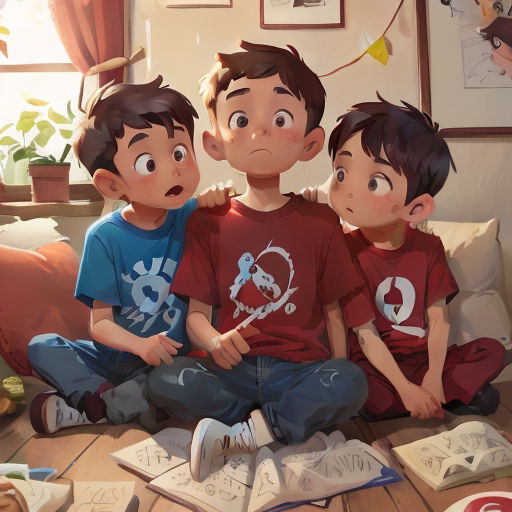 three children sitting on a couch with books and a book in front of them, with a cat on the floor