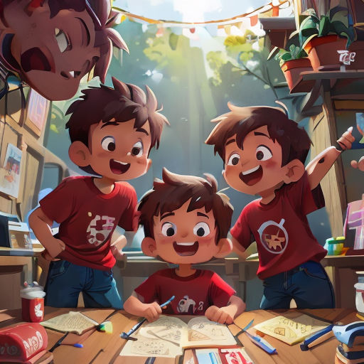 a group of children standing around a table with a book and pen in front of them and a picture of a dragon