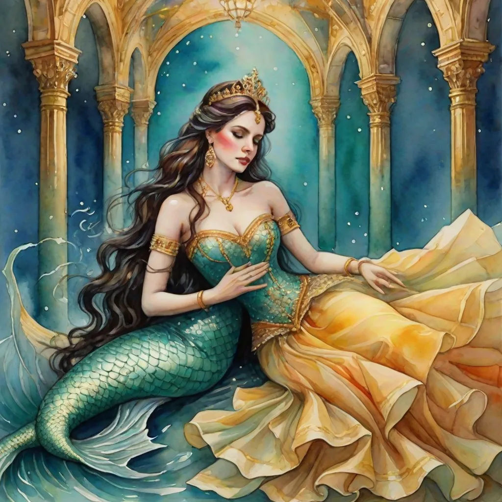 a painting of a mermaid sitting on a rock with a gold crown on her head and a gold dress on her body, Daniel Merriam, fantasy art, a storybook illustration, fantasy artwork