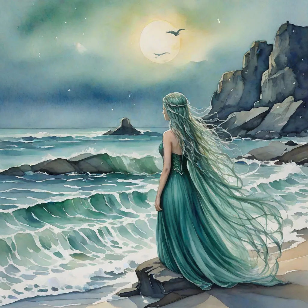 a painting of a woman standing on a beach looking at the ocean and a bird flying over the water, Amanda Sage, fantasy art, a watercolor painting, ocean