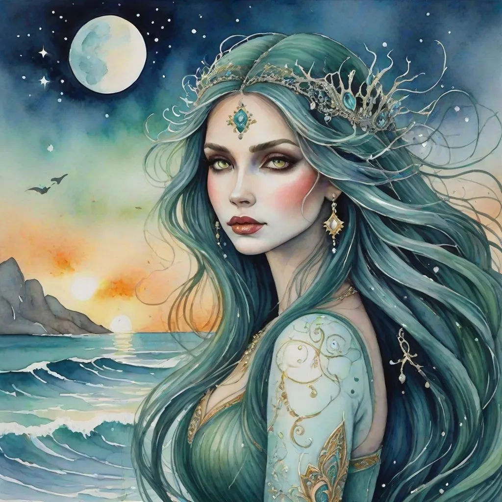 a painting of a woman with long hair and a crown on her head, standing in the ocean with a full moon in the background, Anna Dittmann, fantasy art, a detailed painting, ocean