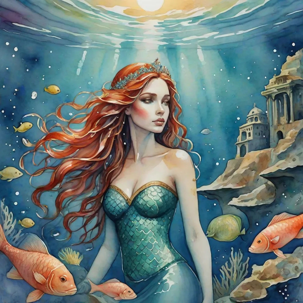 a painting of a mermaid with long red hair and a crown on her head, standing in the water, Daniel Merriam, fantasy art, a storybook illustration, fantasy artwork