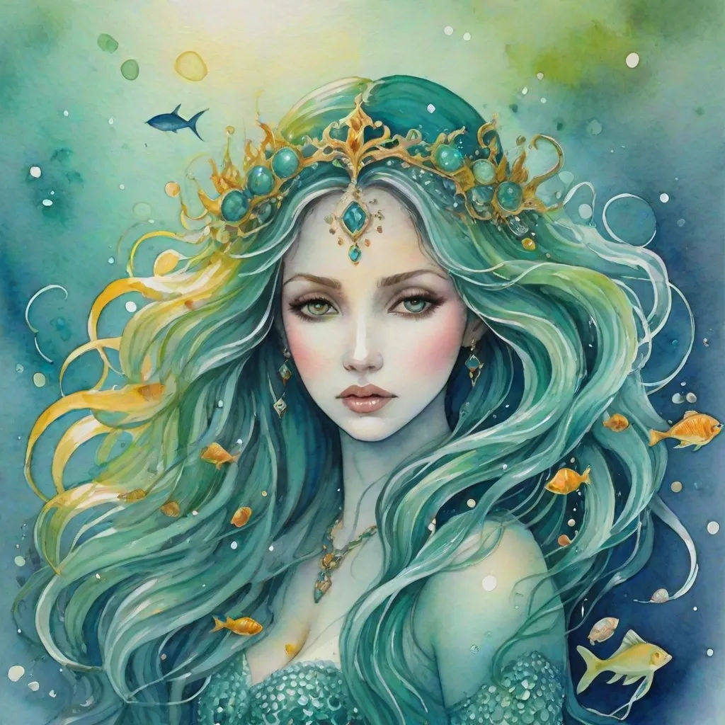 a painting of a mermaid with long hair and a crown on her head, with fish around her neck, Anna Dittmann, fantasy art, a watercolor painting, fantasy artwork