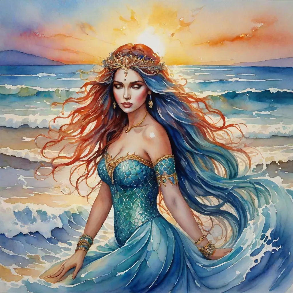 a painting of a woman in a blue dress on the beach with waves and a sunset in the background, Anne Stokes, fantasy art, a fine art painting, ocean