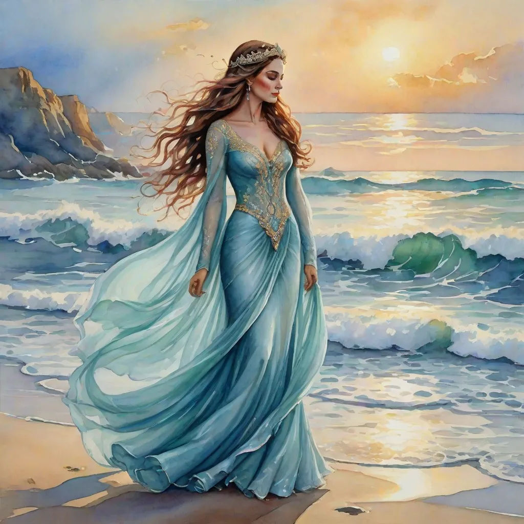 a painting of a woman in a blue dress on the beach at sunset with waves crashing in the background, Christophe Vacher, fantasy art, a fine art painting, fantasy artwork