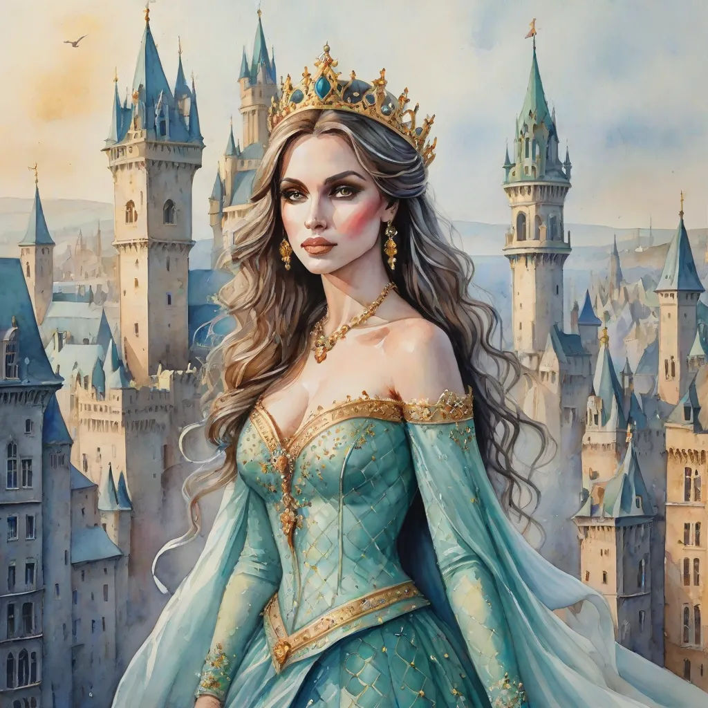 a painting of a woman in a blue dress with a crown on her head and a castle in the background, Anne Stokes, fantasy art, a detailed painting, fantasy artwork