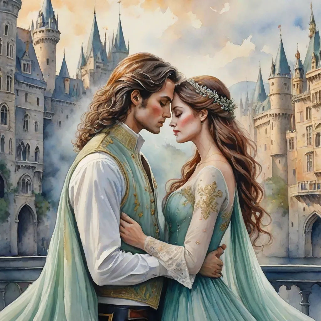 a painting of a couple in front of a castle with a castle in the background and a castle in the foreground, Anne Stokes, fantasy art, a detailed painting, highly detailed oil painting