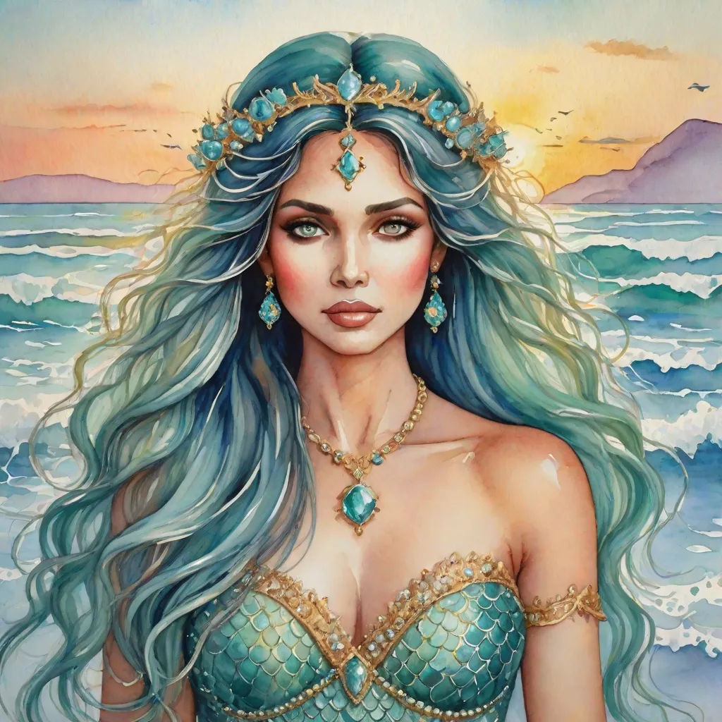 a painting of a woman with blue hair and a tiara on her head standing in front of the ocean, Anna Dittmann, fantasy art, a detailed painting, ocean
