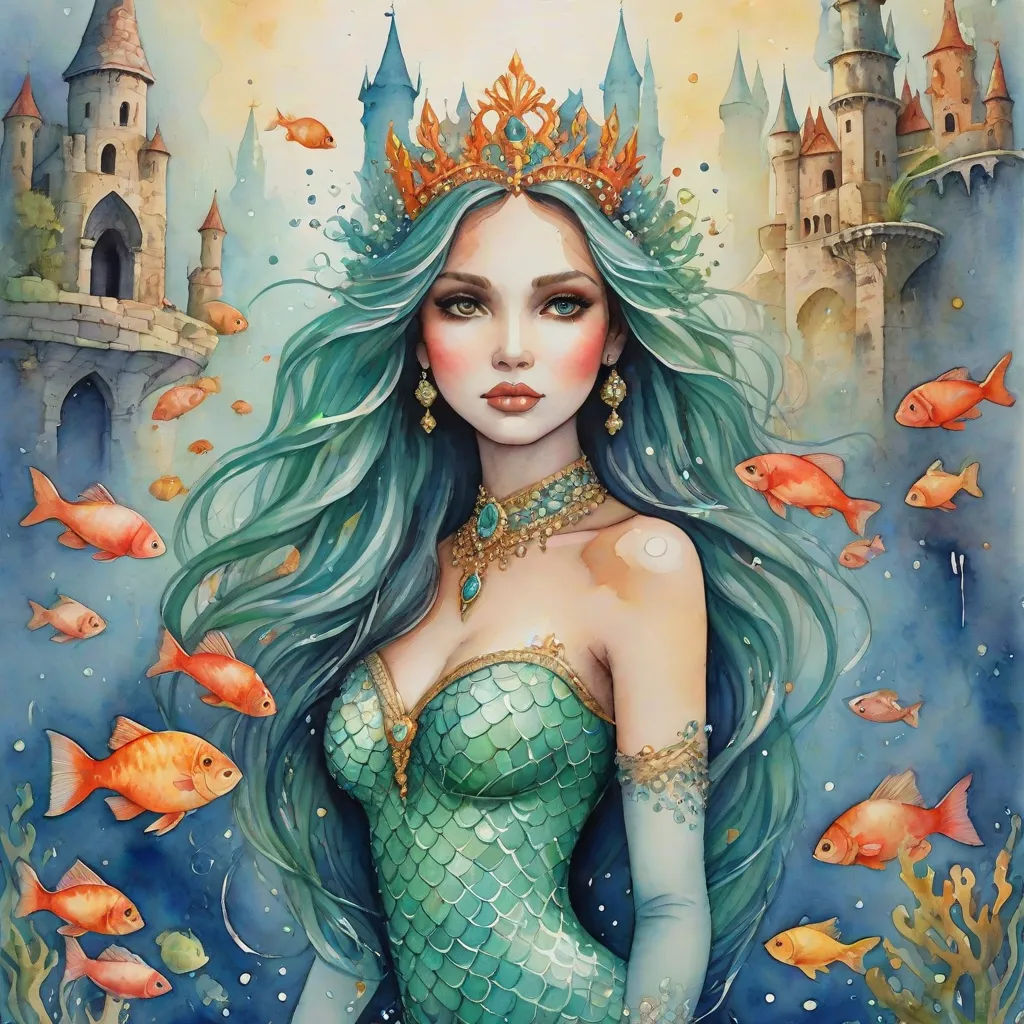 a painting of a mermaid with a tiara and fish around her neck and a castle in the background, Daniel Merriam, fantasy art, a watercolor painting, fantasy illustration