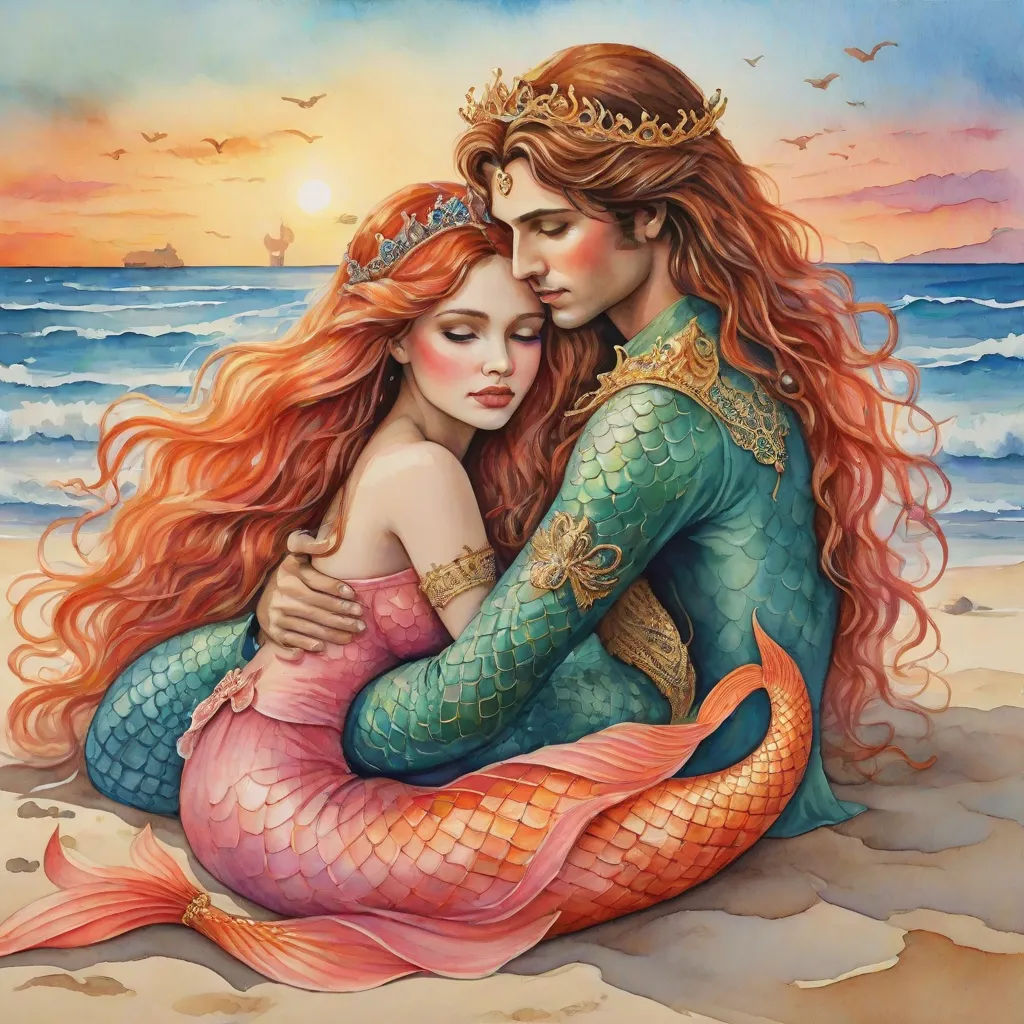 a painting of a couple hugging on the beach with a sunset in the background and birds flying overhead above, Brian and Wendy Froud, fantasy art, a storybook illustration, fantasy artwork