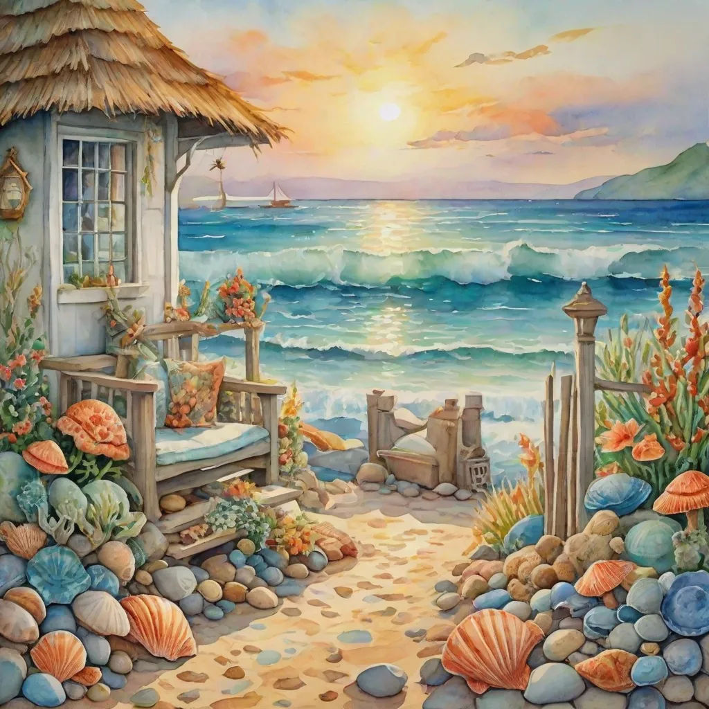 a painting of a beach scene with a hut and a chair on the shore of the ocean with a sunset in the background, David Martin, magic realism, a fine art painting, kinkade