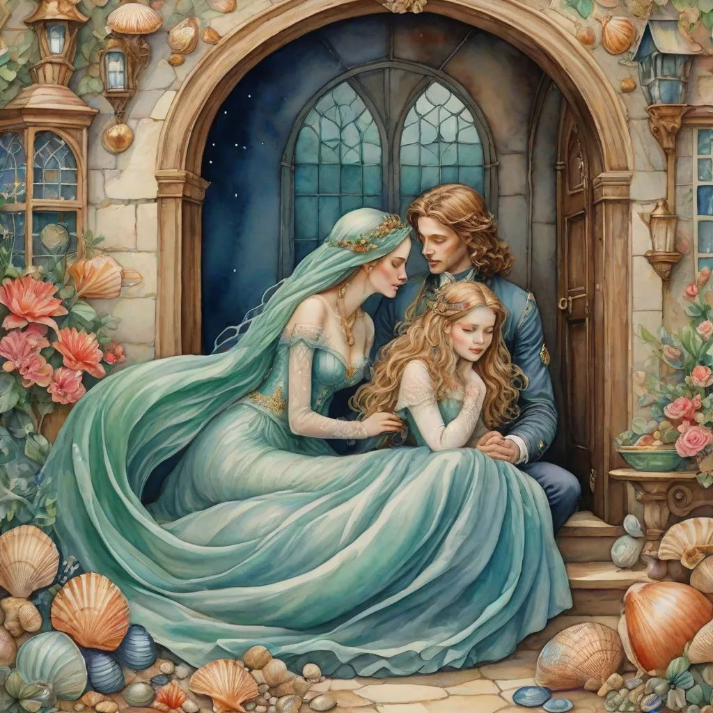 a painting of a mother and her two daughters sitting on a door step with shells around her and a castle window, Arthur Hughes, fantasy art, a storybook illustration, storybook illustration