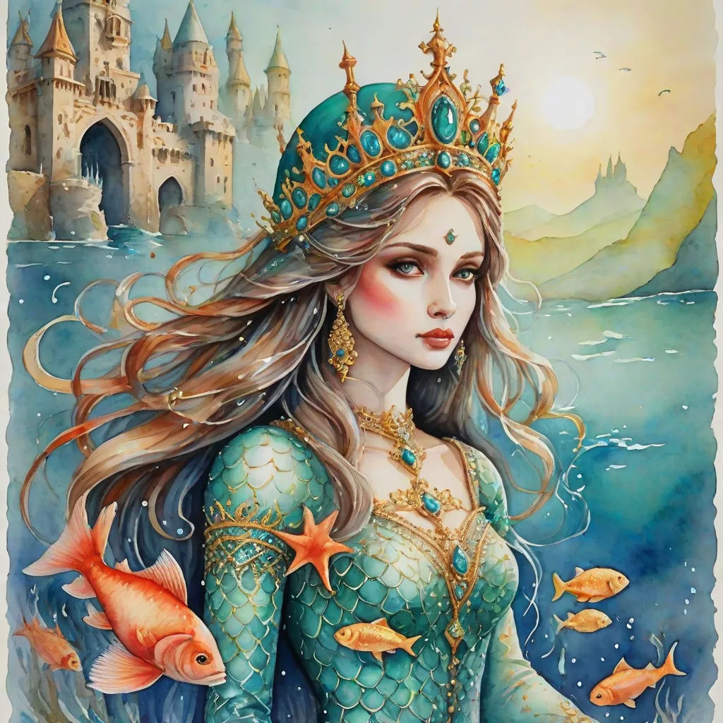 a painting of a mermaid with a crown on her head and fish around her neck, and a castle in the background, Anne Stokes, fantasy art, a detailed painting, fantasy artwork