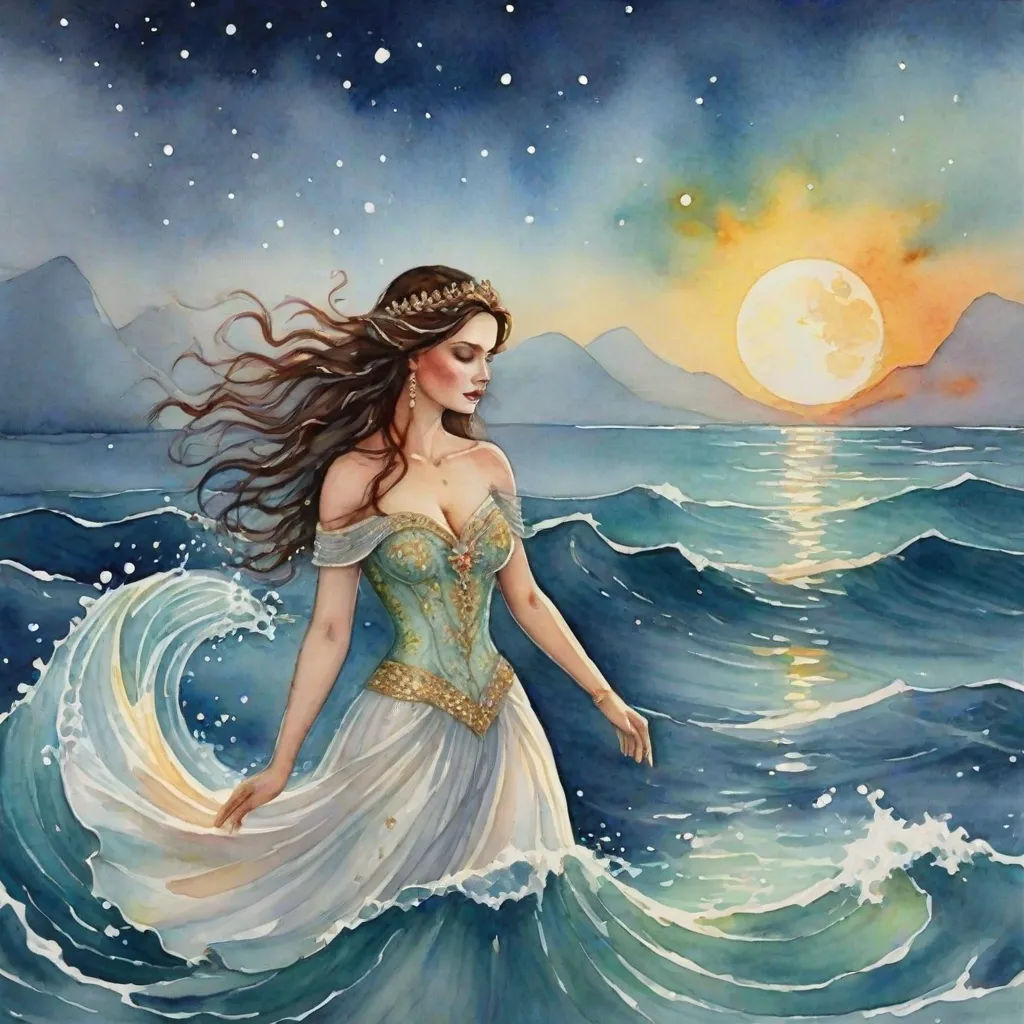 a painting of a woman in a white dress in the ocean with a full moon in the background and a mountain range in the distance, Anne Stokes, fantasy art, a watercolor painting, ocean