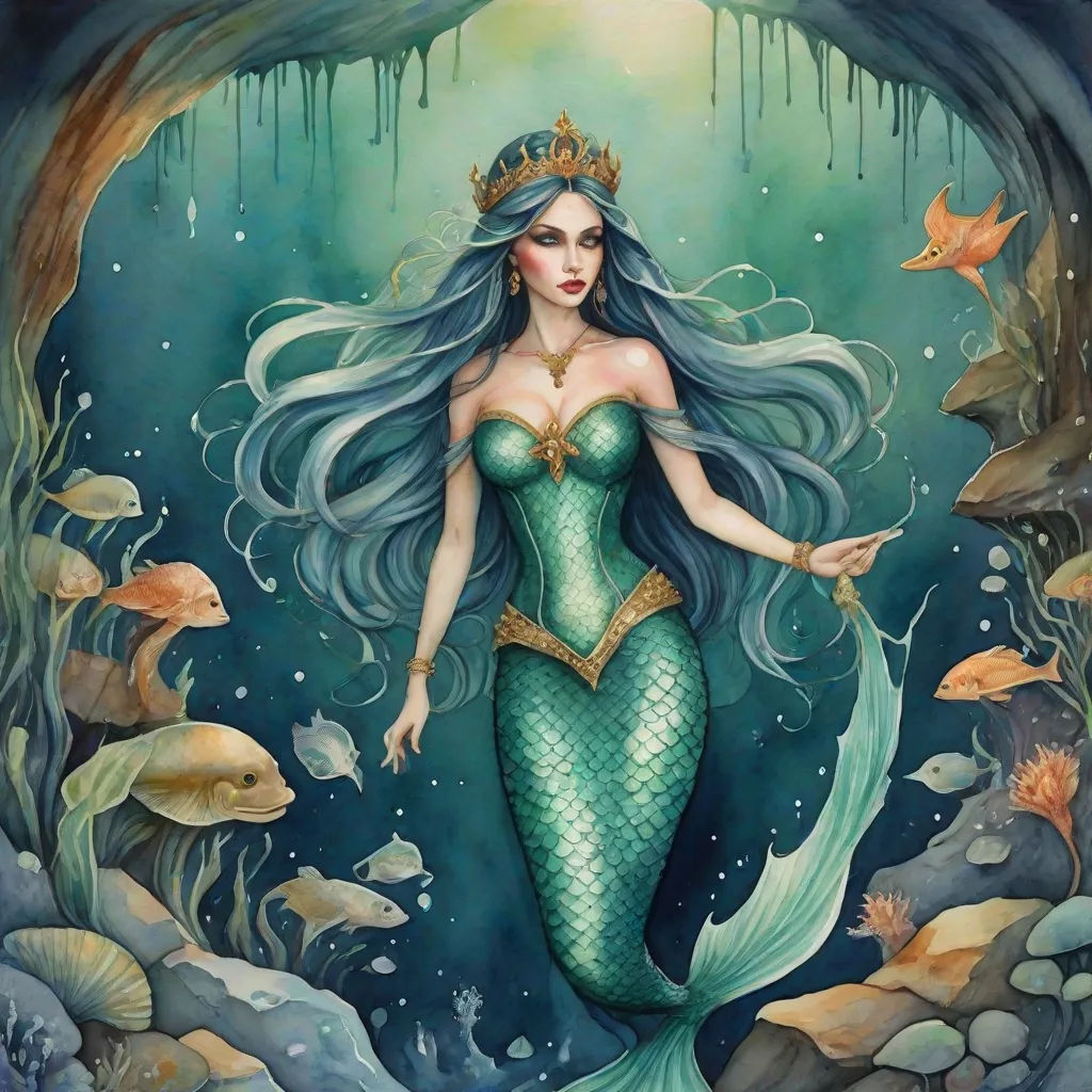 a mermaid with long hair and a crown on her head standing in a cave with fish and bubbles around her, Daniel Merriam, fantasy art, a storybook illustration, fantasy artwork