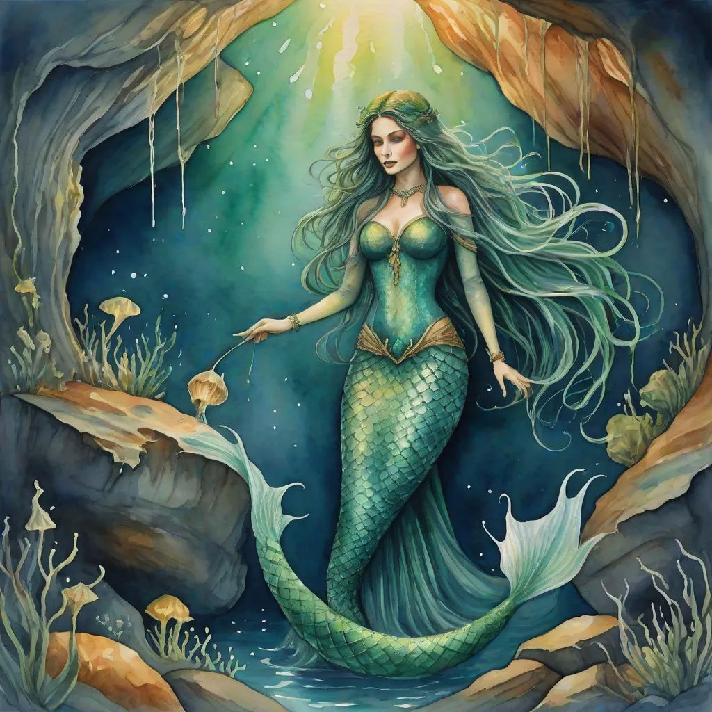 a mermaid with long hair standing in a cave with a light shining on her face and a fish in her hand, Daphne McClure, fantasy art, a storybook illustration, fantasy artwork