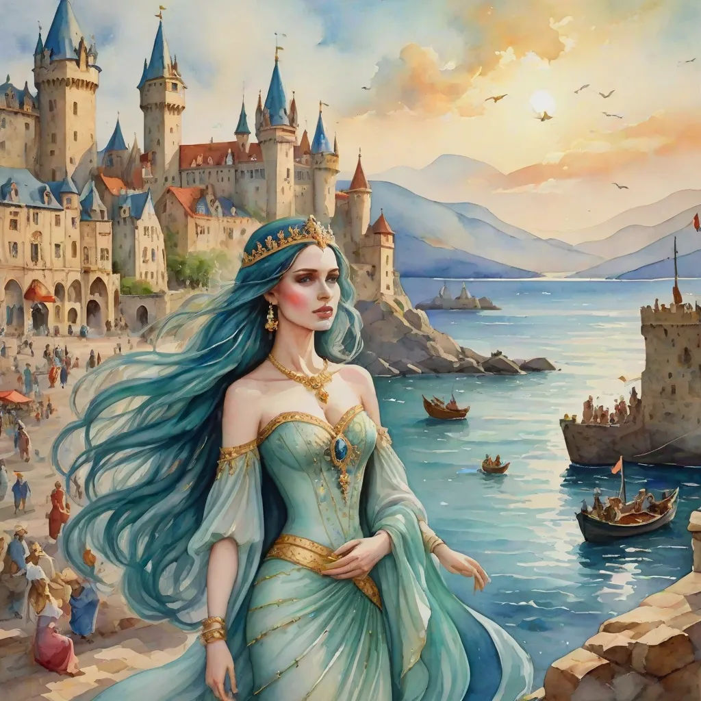 a painting of a woman in a blue dress by the water with a castle in the background and a boat in the water, Anne Stokes, fantasy art, a detailed painting, fantasy artwork
