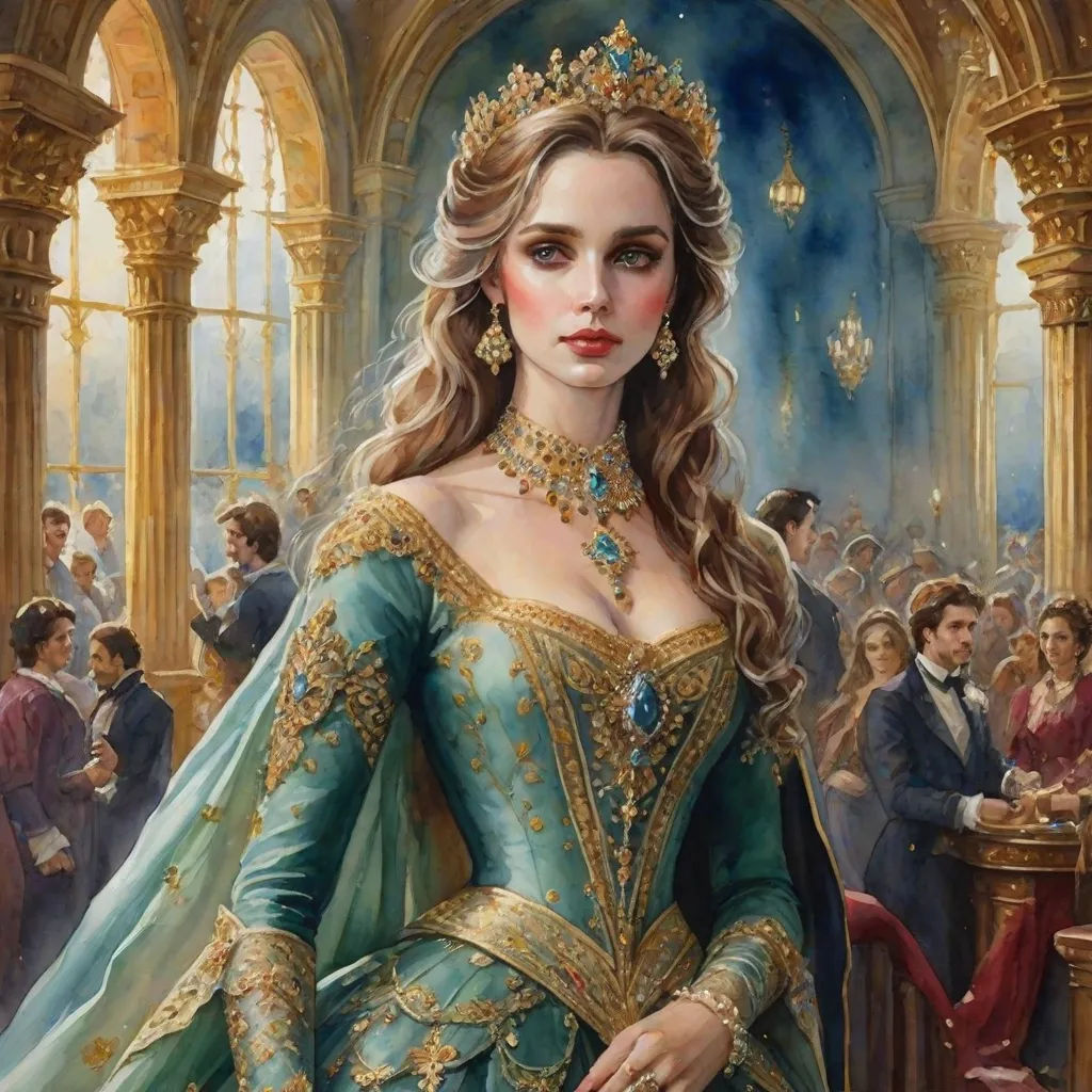 a painting of a woman in a green dress with a tiara and a crowd of people in the background, Donato Giancola, fantasy art, a detailed painting, detailed painting