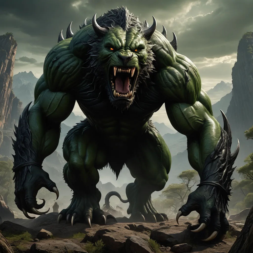 a monster with large teeth and huge claws on it's face and claws on its body, with a mountain in the background, fantasy art, concept art, Clint Cearley, magic the gathering artwork