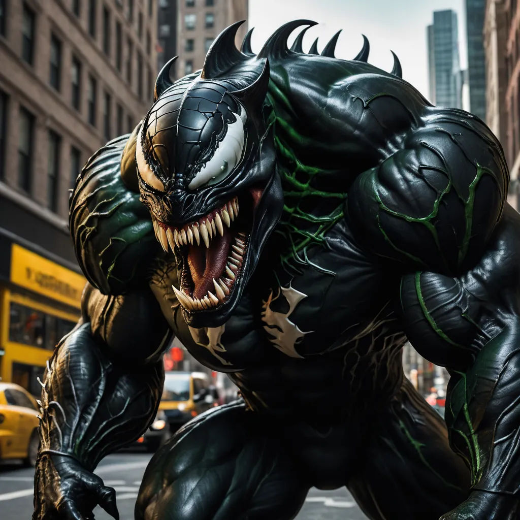 a giant spider man statue on a city street with a taxi cab in the background and a yellow bus in the foreground, excessivism, a comic book panel, Eddie Mendoza, vfx