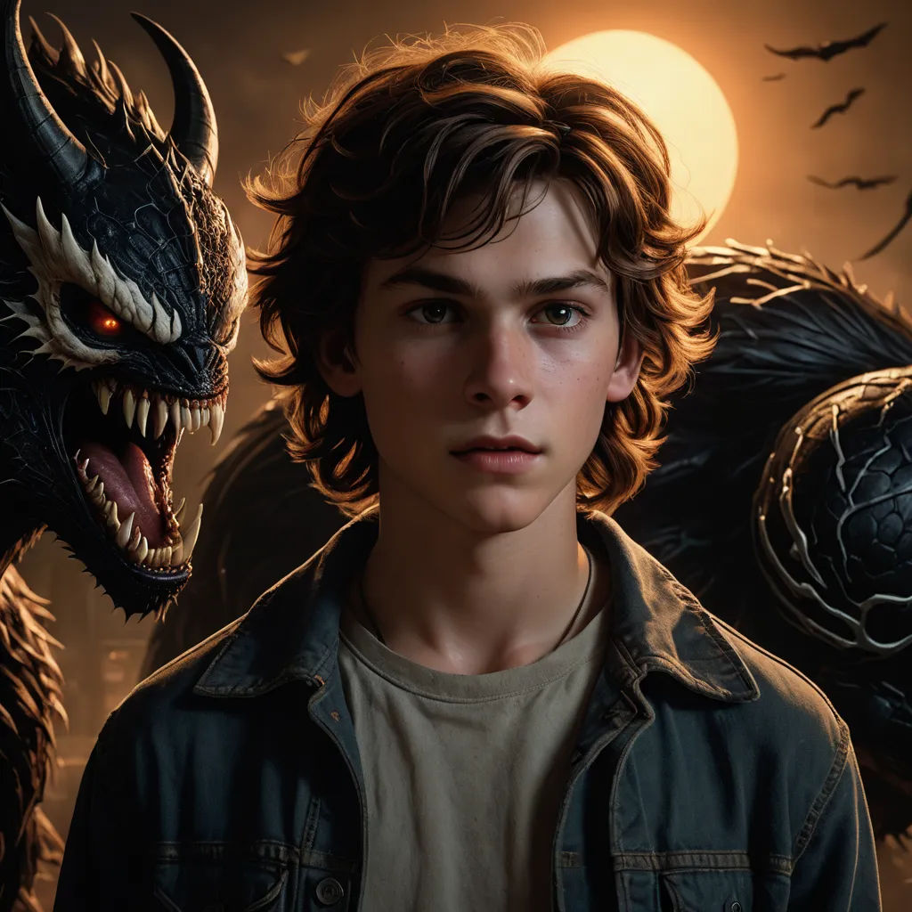 a boy and a demon are in front of a full moon and a full moon is in the background, sots art, poster art, Adam Rex, key art