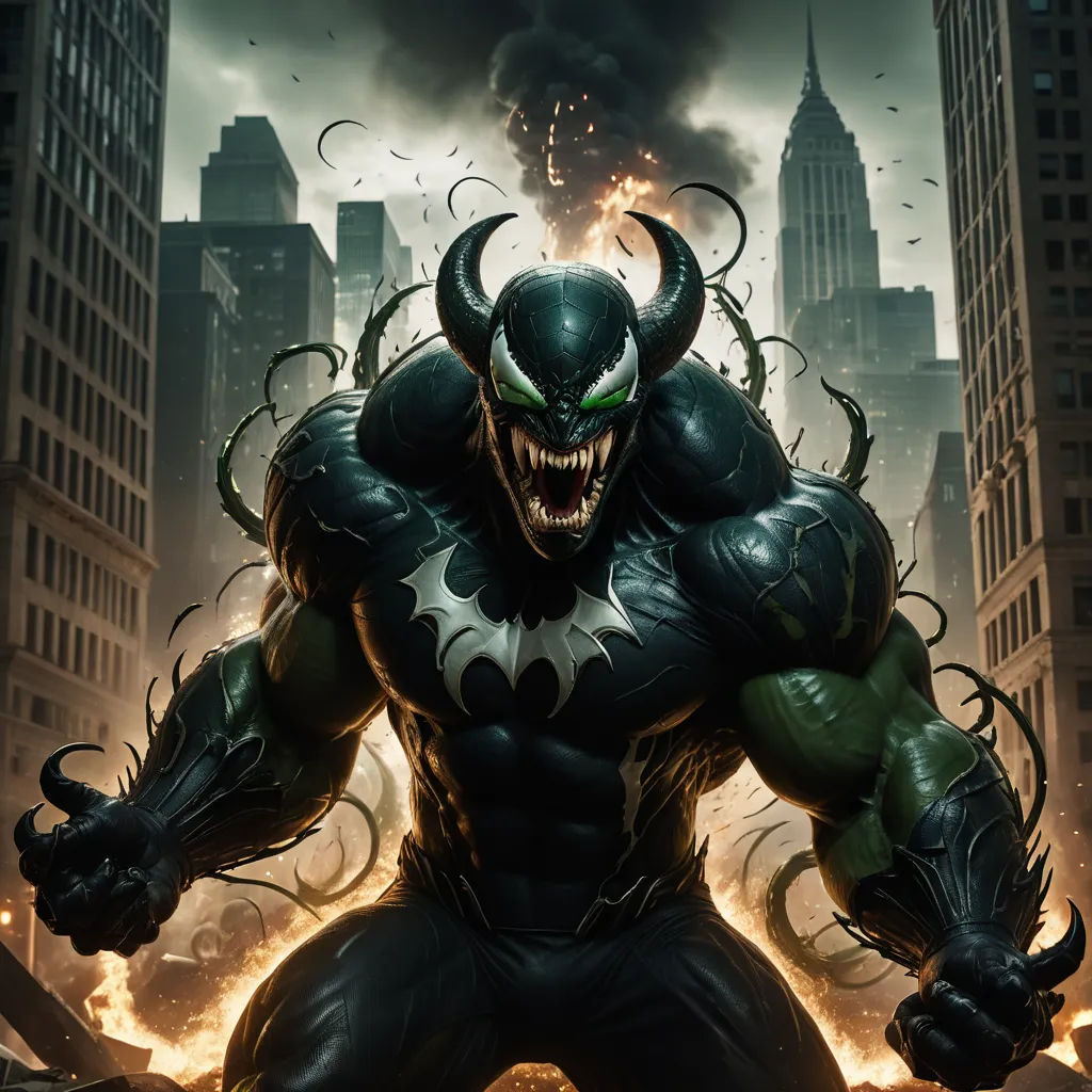 a man in a black suit with a demon face on his face and a city in the background with buildings, sumatraism, a comic book panel, Eddie Mendoza, marvel comics