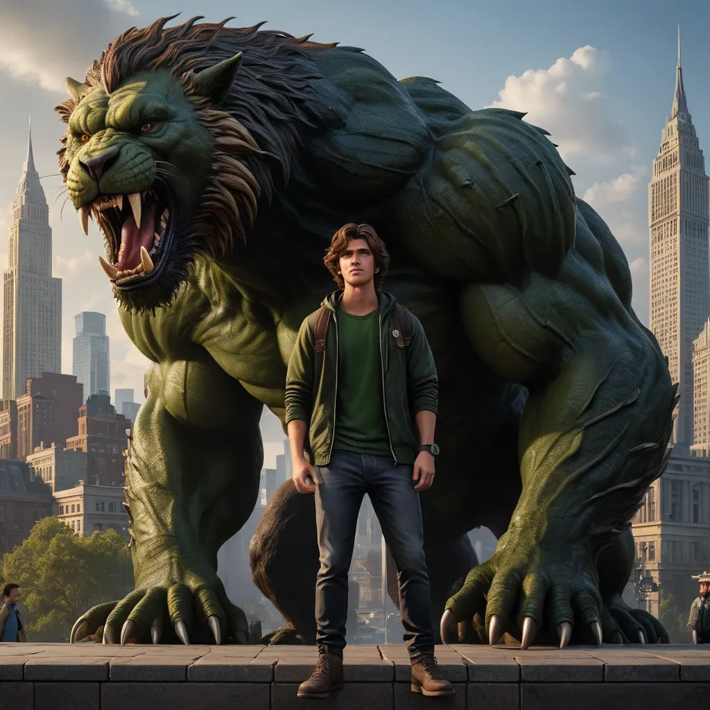 a man standing next to a giant green monster in a city setting with a city skyline in the background, furry art, a comic book panel, Eddie Mendoza, promotional image
