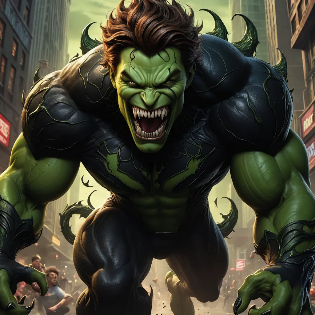 a man with a green face and a black suit on is in a city street with a monster like creature, shock art, a comic book panel, Eddie Mendoza, behance hd