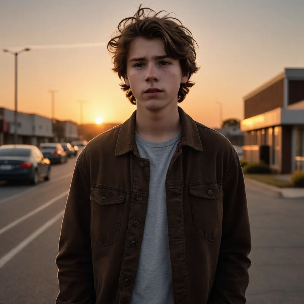 a young man standing on the side of a road at sunset with a building in the background and cars parked on the street, barbizon school, a character portrait, Andor Basch, sunset lighting