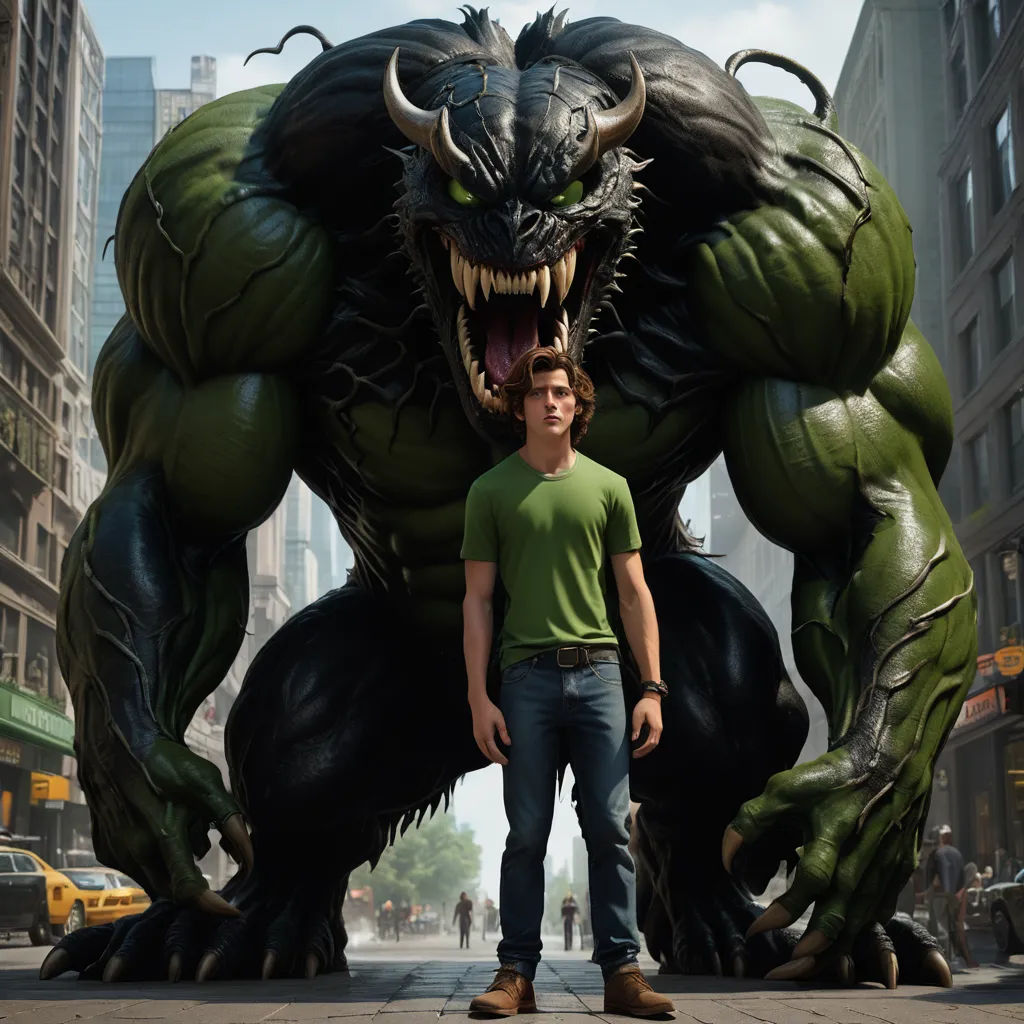 a man standing in front of a giant monster statue in a city street with a man standing next to it, furry art, a comic book panel, Eddie Mendoza, promotional image