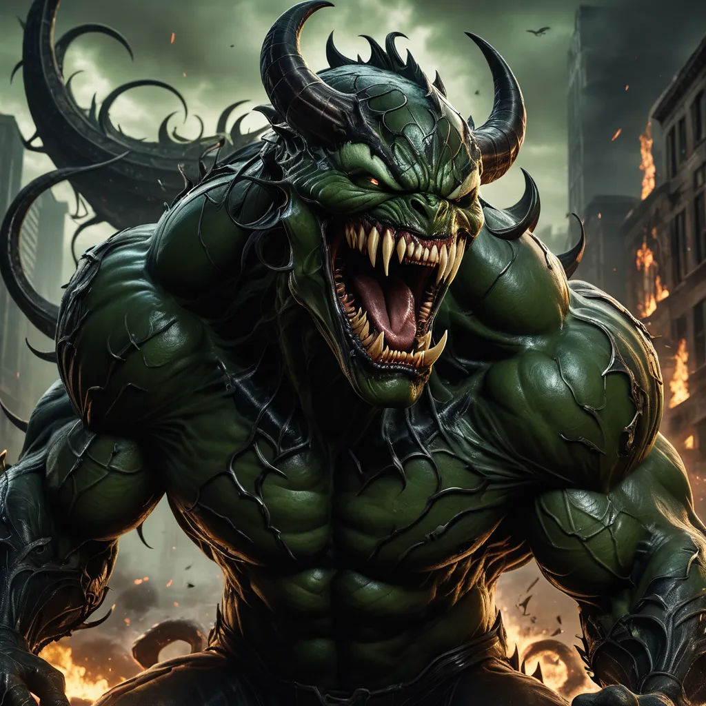 a demonic looking monster with large fangs and huge teeth, with a city in the background, with a building in the foreground, furry art, a comic book panel, Eddie Mendoza, magic the gathering artwork